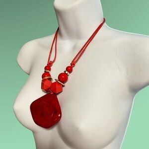Red Acrylic & Wood Bead Statement Chunky Necklace